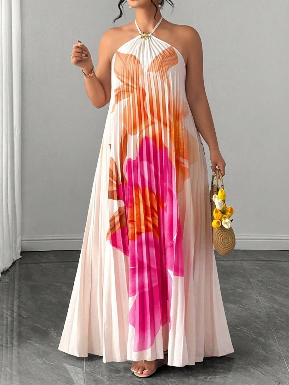 Apricot Boho Women's Plus Size Bohemian Floral Print Halter Neck Maxi Dress